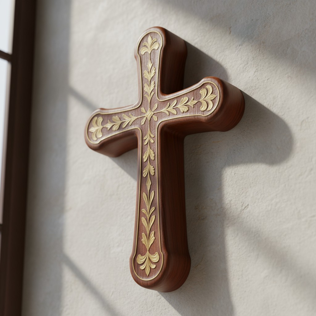 A brown cross with gold engravings, hanging on a white wall.